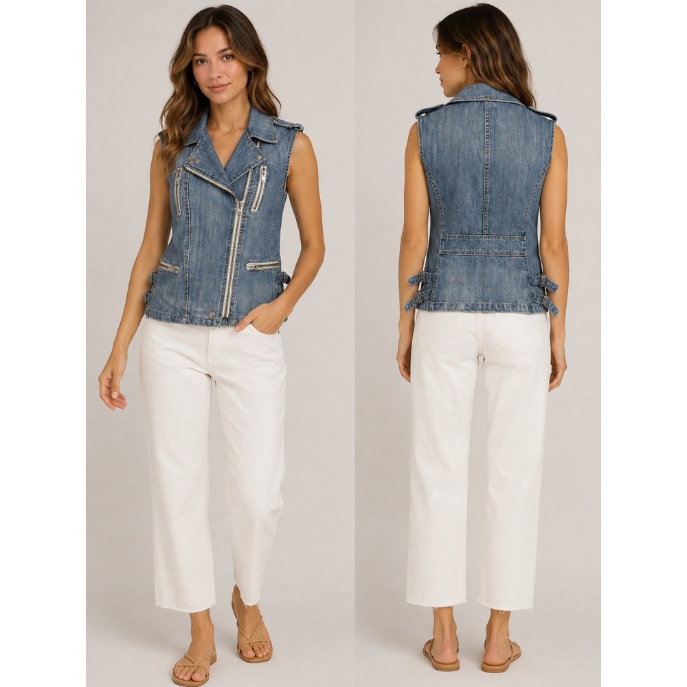 Rebecca Taylor Womens Denim Moto Vest Blue Light Wash Zip Biker Jacket Small